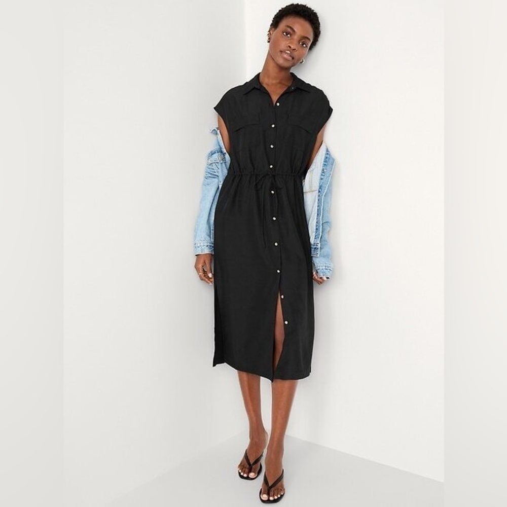 NWT OLD NAVY Black Waist-Defined Utility Midi Button-down Dress Small